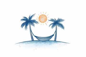 Poster - relax hammock beach concept. Hammock between palm trees with a sun in a serene tropical setting.