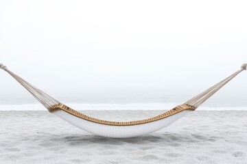 Aufkleber - relax hammock beach concept. A serene hammock rests on a sandy beach beside calm waters, evoking relaxation and tranquility.