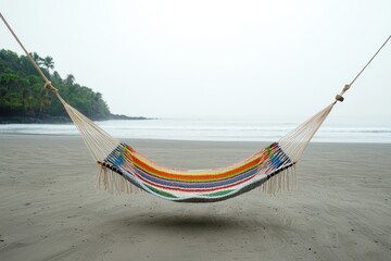 Poster - relax hammock beach concept. A serene hammock hangs between trees on a tranquil beach shoreline.
