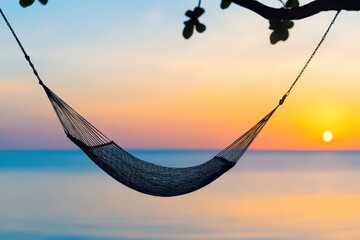 Poster - relax hammock beach concept. A tranquil hammock sways under a sunset sky by the calm sea.