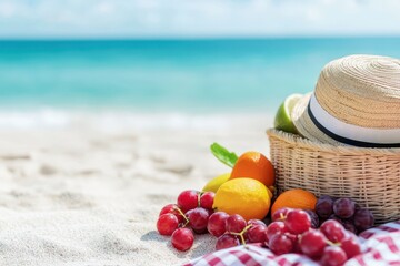 Poster - relax hammock beach concept. Tropical fruits and a hat arranged on the beach with a scenic ocean view in the background.