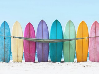 Poster - relax hammock beach concept. Colorful surfboards lined against a beach backdrop create a vibrant coastal scene.