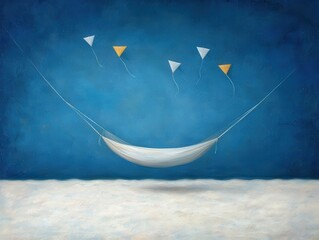 Poster - relax hammock beach concept. A hammock under a bright blue sky with colorful kites soaring above.