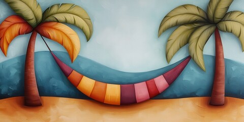 Poster - relax hammock beach concept. Vibrant illustration of a hammock between two palm trees by the sea.