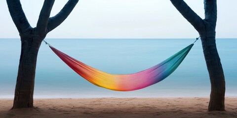 Aufkleber - relax hammock beach concept. A colorful hammock sways between two trees by a serene beach and calm ocean waters.