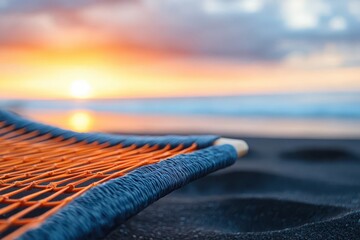 Aufkleber - relax hammock beach concept. A hammock on the beach at sunset with a tranquil ocean view.