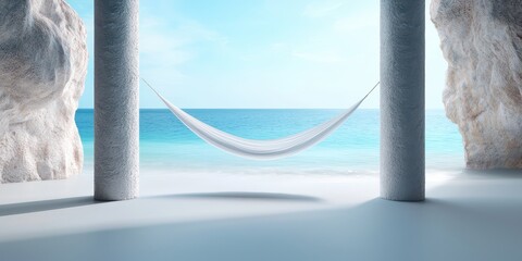 Aufkleber - relax hammock beach concept. Tranquil hammock between pillars by the beach with a serene ocean view.