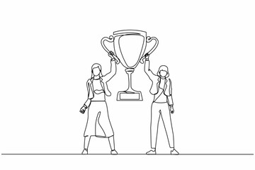 Poster - Continuous one line drawing two women holding golden goblet together. Winners celebrating victory. Businesswoman with prize, trophy cup. Celebration business team success. Single line design vector