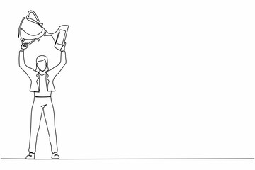 Poster - Single continuous line drawing businesswoman standing and lifting trophy. Career goal icon. Victory sign or symbol. Winner pose. Success, goal, achievement concept. One line draw graphic design vector