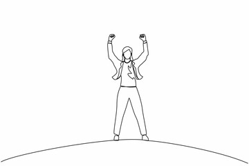 Poster - Single continuous line drawing happy businesswoman standing and raising hands or arms. Successful female. Career goal. Victory sign or symbol. Winner pose. One line graphic design vector illustration
