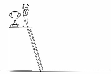 Poster - Single one line drawing businesswoman climb ladder to reach trophy and standing with arms lifted in air. Female celebrating her business award. Continuous line draw design graphic vector illustration