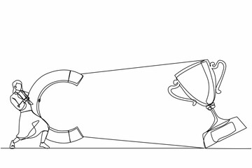 Poster - Single continuous line drawing young businesswoman attracting big trophy with huge magnet. Victory sign. Success, achievement, business goals concept. One line draw graphic design vector illustration