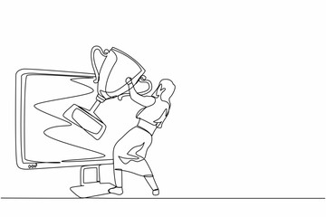 Poster - Single one line drawing businesswoman pulls out trophy cup from computer screen. Working on award winning project, freelance job, online work, winner. Continuous line draw design vector illustration