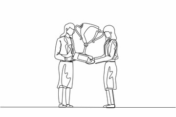Poster - Single continuous line drawing businesswoman winner getting first prize. Girl giving golden cup to businesswoman. Winning, leadership, achievement concept. Dynamic one line draw graphic design vector