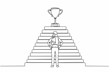 Poster - Continuous one line drawing active businesswoman standing in front of staircase with trophy cup on the top. Path to success, goal, business vision. Single line draw design vector graphic illustration