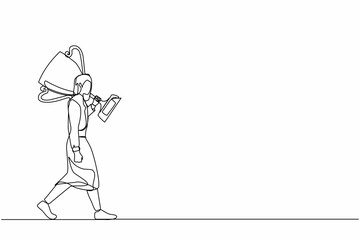 Poster - single one line drawing businesswoman carry big trophy cup for winner as symbol of victory. business