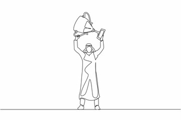 Poster - Single one line drawing Arabic businessman standing and lifting trophy. Career goal icon. Victory sign or symbol. Winner pose. Success, goal, achievement concept. Continuous line design graphic vector