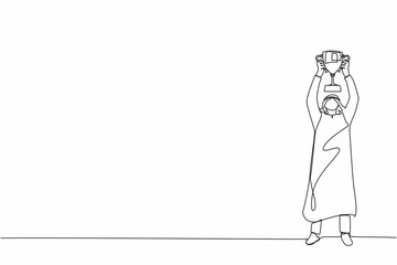 Poster - Single continuous line drawing Arabic businessman standing and lifting trophy. Career goal. Victory sign or symbol. Winner pose. Success, goal, achievement concept. One line draw graphic design vector