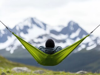 Aufkleber - relaxing hammock mountain concept. Relaxing in a hammock with mountains and clouds in the background.