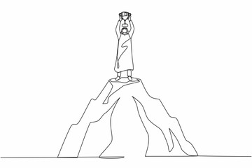 Poster - Continuous one line drawing Arabian businessman holding trophy on the top of the high mountain. Success, goal, achievement and challenge concept. Single line draw design vector graphic illustration