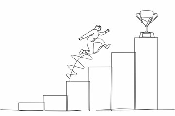 Poster - Single one line drawing Arab businessman jumping to success. Step to successful. Achieve trophy cup. Man run and go to their goal on stairs, way to achieve goal. Continuous line design graphic vector