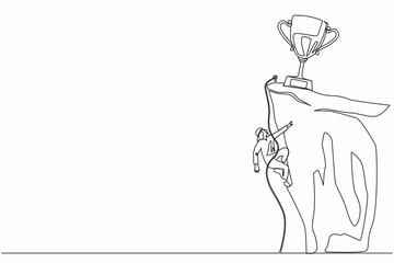 Poster - Single one line drawing climber hanging on rope and pulling himself on top of rocky mountain wall to reach trophy. Extreme Arabian businessman climbing on cliff. Continuous line design graphic vector