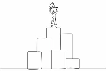 Poster - single continuous line drawing arabian businessman standing on big graphic bar and lifting trophy. w