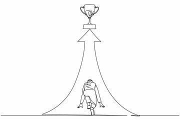 Poster - Continuous one line drawing back view Arabic businessman ready to run to trophy at end of route. Vision mission and goal of business. Male run to their goal, motivation. Single line draw design vector