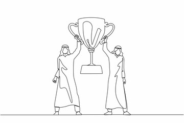 Poster - Single one line drawing two men holding golden goblet. Winners celebrating victory. Arabian businessman with prize, trophy cup. Celebration business team success. Continuous line design graphic vector