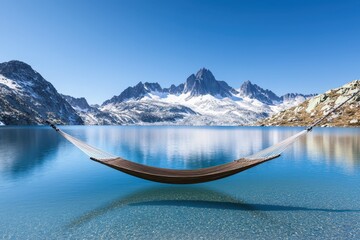 Aufkleber - relaxing hammock mountain concept. A tranquil hammock suspended over a serene lake with snow-capped mountains in the background.