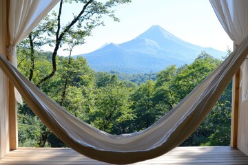 Aufkleber - relaxing hammock mountain concept. Scenic mountain view framed by a hammock and trees, inviting relaxation and tranquility.