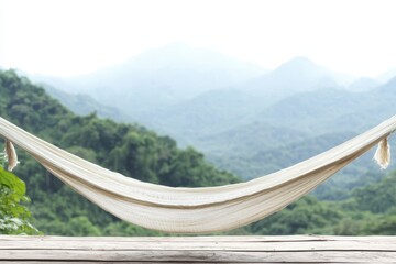 Aufkleber - relaxing hammock mountain concept. Tranquil hammock overlooking serene mountains and lush greenery.