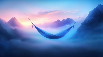 Aufkleber - relaxing hammock mountain concept. A serene hammock suspended in colorful clouds above majestic mountains.