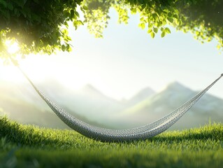 Aufkleber - relaxing hammock mountain concept. A peaceful hammock hangs between trees in a serene, sunlit landscape with mountains in the background.