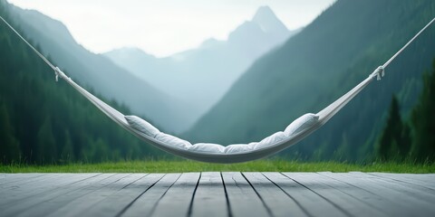 Aufkleber - relaxing hammock mountain concept. Serene hammock resting in a tranquil mountain landscape with lush greenery.