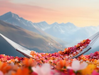 Aufkleber - relaxing hammock mountain concept. Hammock filled with flowers against a stunning mountain backdrop at sunset.