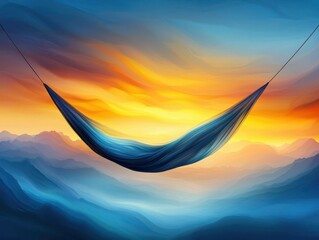 Aufkleber - relaxing hammock mountain concept. A serene hammock suspended against a colorful sunset backdrop in a tranquil landscape.