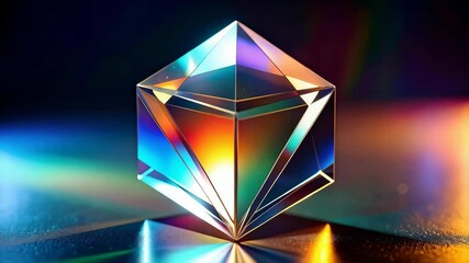 Poster - Prismatic glass crystal refracting light, featuring vibrant colors and geometric angles, resting on a textured surface with smooth gradients