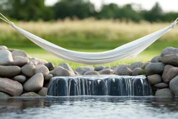 Aufkleber - relaxing hammock waterfall concept. A peaceful hammock near a water feature surrounded by stones and greenery.