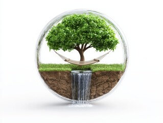 Poster - relaxing hammock waterfall concept. A serene tree with a hammock and waterfall, symbolizing relaxation and nature.