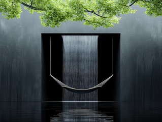 Aufkleber - relaxing hammock waterfall concept. A serene waterfall flows into a tranquil space featuring a hammock, surrounded by lush greenery.