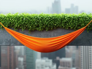 Aufkleber - relaxing hammock waterfall concept. Cozy hammock suspended between greenery and a city skyline backdrop.