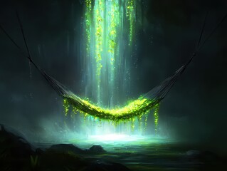 Aufkleber - relaxing hammock waterfall concept. Serene hammock under a glowing waterfall in a tranquil, mystical setting.