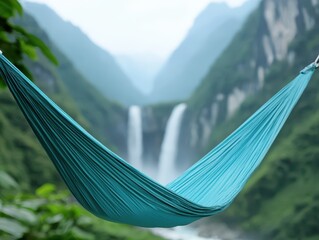 Aufkleber - relaxing hammock waterfall concept. A tranquil hammock suspended with a waterfall and mountains in the background.