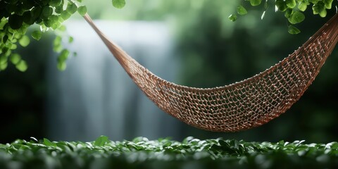 Aufkleber - relaxing hammock waterfall concept. A serene hammock surrounded by lush greenery and a peaceful atmosphere.