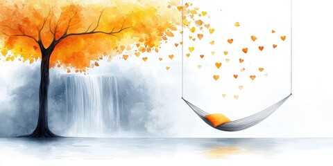 Poster - relaxing hammock waterfall concept. A serene scene with a hammock, autumn tree, and floating hearts by a waterfall.