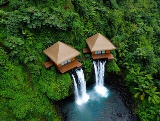 Poster - Resort waterfall wooden concept. Two wooden houses on stilts with waterfalls in a lush green landscape.