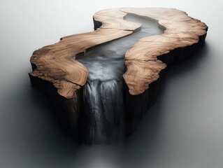 Poster - Resort waterfall wooden concept. Wooden sculpture with flowing water creating a serene, artistic landscape.