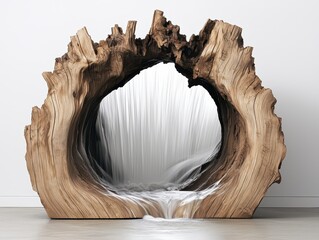 Poster - Resort waterfall wooden concept. Unique wooden mirror design resembling a tree trunk with a cascading water feature.
