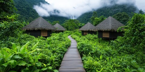 Poster - Resort waterfall wooden concept. Tropical huts surrounded by lush greenery and a wooden pathway under a cloudy sky.